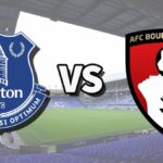 The Everton and AFC Bournemouth club badges on top of a photo of Goodison Park stadium in Liverpool, England