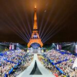 The Olympic flag is rasied at the Place du Trocadero in front of the Eiffel Tower during the Opening Ceremony of the Olympic Games Paris 2024