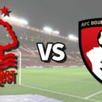 The Nottingham Forest and AFC Bournemouth club badges on top of a photo of the City Ground in Nottingham, England