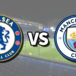 The Chelsea and Manchester City club badges on top of a photo of Stamford Bridge in London, England