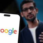 Google logo on a phone with CEO in background