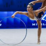 Sofia Raffaeli (ITA) performs in a blue sequinned leotard in the rhythmic gymnastics ahead of the 2024 Paris Olympic Games.