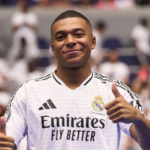 Real Madrid new signing, Kylian Mbappe gives the thumbs up ahead of the Real Madrid vs Atalanta live stream in the UEFA European Super Cup final 2024