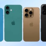 Line up of iPhone 16 models on a blue background