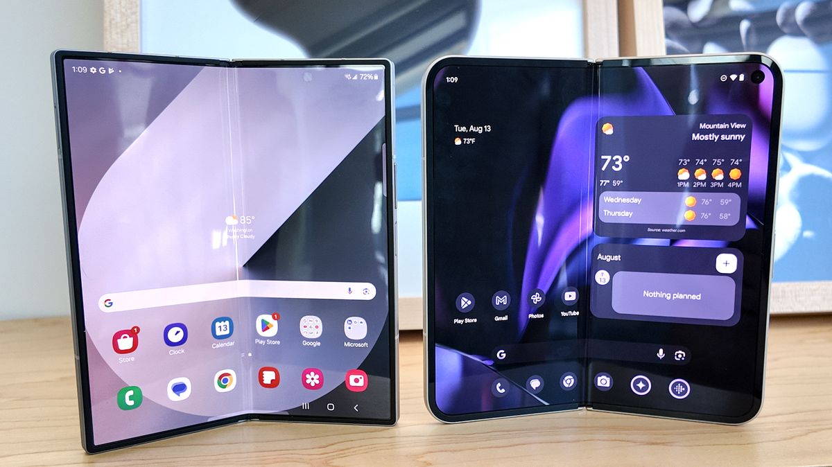 Google Pixel 9 Pro Fold vs Galaxy Z Fold 6 both half folded standing up