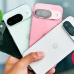 Google Pixel 9 models held in one hand with thumbs up and thumbs down