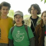 (L to R) Natalia Dyer as Nancy Wheeler, Joe Keery as Steve Harrington, Gaten Matarazzo as Dustin Henderson, Maya Hawke as Robin Buckley, Sadie Sink as Max Mayfield and Caleb McLaughlin as Lucas Sinclair are lined up in Stranger Things 4