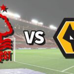 The club badges for the Nottm Forest vs Wolves live stream on top of a photo of the City Ground in Nottingham, England