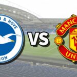 The Brighton &amp; Hove Albion and Manchester United club badges on top of a photo of The Amex Stadium in Brighton, England, the venue for the Brighton vs Man United live stream