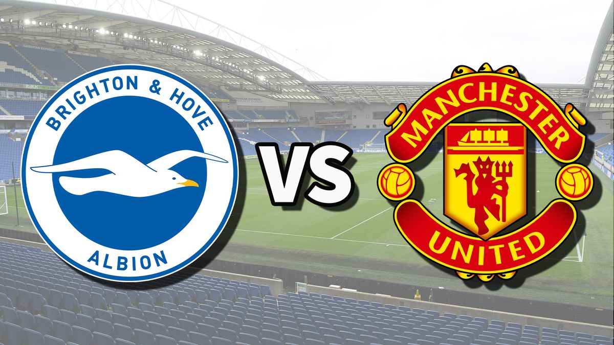 The Brighton &amp; Hove Albion and Manchester United club badges on top of a photo of The Amex Stadium in Brighton, England, the venue for the Brighton vs Man United live stream