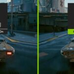 Nvidia DLSS 3.5 vs native screen resolution with a car driving through Night City in Cyberpunk 2077.