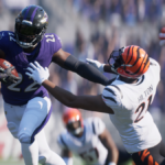 Madden 25 screenshot - Ravens player with ball stiffarms Bengals defender