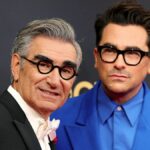 (L-R) Eugene Levy and Dan Levy attend the 73rd Primetime Emmy Awards at L.A. LIVE on September 19, 2021 in Los Angeles, California. (Photo by Rich Fury/Getty Images)