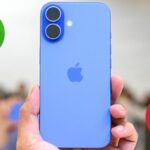 iPhone 16 in ultramarine with thumbs up and thumbs down logos