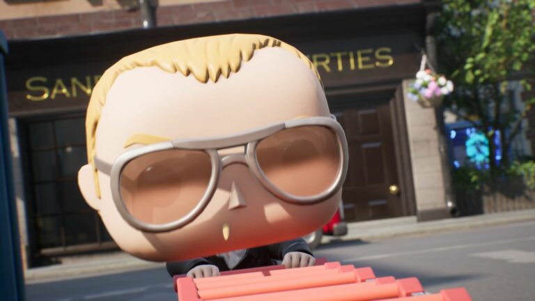 Screenshot from Funko Fusion showing Nicholas Angel from &quot;Hot Fuzz&quot; pushing a string of shopping carts