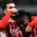 Theo Hernandez of Ac Milan (L) celebrates with his team mate Rafael Leao of Ac Milan (R) ahead of the AC Milan vs Liverpool live stream