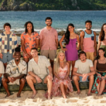 The cast of competitive reality series &quot;Survivor 47&quot; wearing colourful summer clothes pose on an exotic beach with the surf in the background