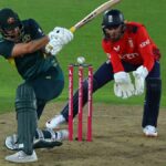 Matthew Short (L), in green, plays a shot during the England vs Australia 1st T20 live stream of 2024.