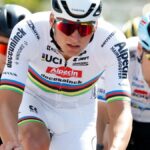 Mathieu van der Poel races in the UCI World Champion's rainbow striped jersey.