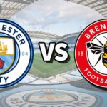 The Manchester City and Brentford club badges on top of a photo of the Etihad Stadium in Manchester, England