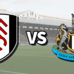 The Fulham and Newcastle United club badges on top of a photo of Craven Cottage in London, England