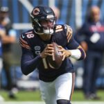 Quarterback Caleb Williams #18 of the Chicago Bears drops back to pass ahead of the Bears vs Texans live stream