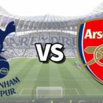 The Tottenham Hotspur and Arsenal club badges on top of a photo of Tottenham Hotspur Stadium in London, England