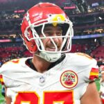 Kansas City tight end Travis Kelce (87) smiles to the crowd ahead of the Chiefs vs Chargers live stream