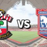 The Southampton and Ipswich Town club badges on top of a photo of St. Mary’s Stadium in Southampton, England, ahead of the Southampton vs Ipswich Town live stream