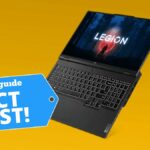 Legion Pro 7 Gen 8 gaming laptop against a yellow background