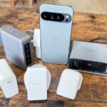 Google Pixel 9 Pro XL with six different chargers