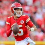 Patrick Mahomes #15 of the Kansas City Chiefs runs for yardage ahead of the Chiefs vs Falcons live stream