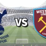 The Tottenham Hotspur and West Ham United club badges on top of a photo of Tottenham Hotspur Stadium in London, England