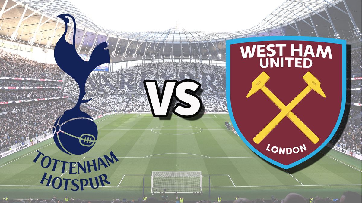 The Tottenham Hotspur and West Ham United club badges on top of a photo of Tottenham Hotspur Stadium in London, England