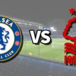 The Chelsea and Nottingham Forest club badges on top of a photo of Stamford Bridge in London, England