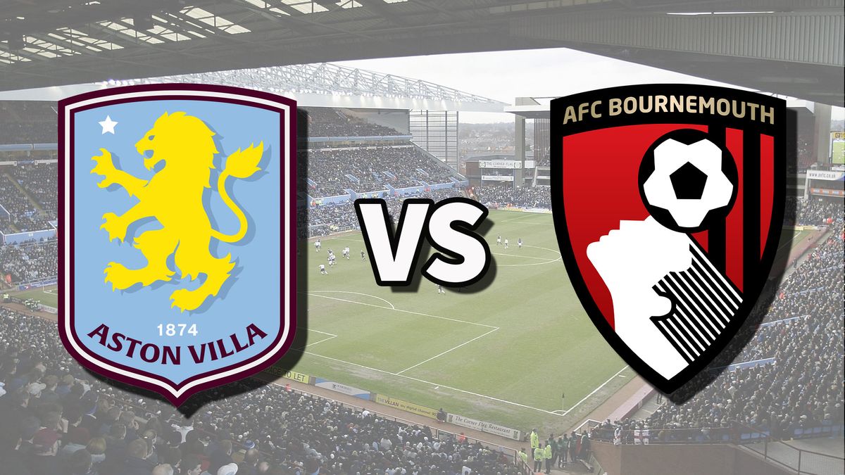 The Aston Villa and AFC Bournemouth club badges on top of a photo of Villa Park stadium in Birmingham, England