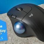 A black Logitech Ergo M575 trackball mouse