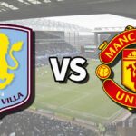 The Aston Villa and Manchester United club badges on top of a photo of Villa Park stadium in Birmingham, England