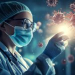 Future AI generated image of a doctor inspecting viruses. Generated with Adobe Firefly3