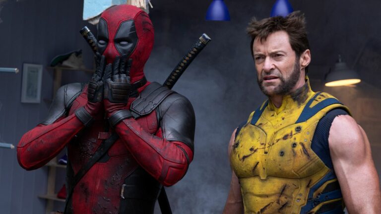 Deadpool (Ryan Reynolds) looking shocked stood next to Wolverine (Hugh Jackman) in &quot;Deadpool &amp; Wolverine&quot;