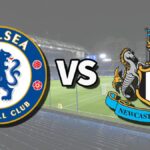 The Chelsea and Newcastle United club badges on top of a photo of Stamford Bridge in London, England