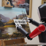 Ideogram generated image of a robot labeling a painting which is also AI generated