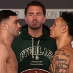 Jack Catterall (L) and Regis Prograis (R) public weigh in ahead of the Catterall vs Prograis fight on 26th October, 2024 in London, England