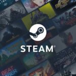 Steam logo with various art of PC games in the background