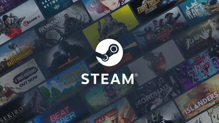 Steam logo with various art of PC games in the background