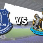 The Everton and Newcastle United club badges on top of a photo of Goodison Park stadium in Liverpool, England