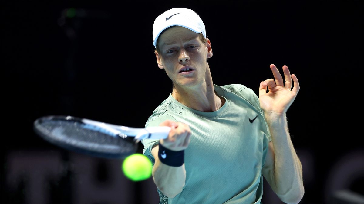 Italy's Jannik Sinner hits a forehand during the men's singles final at the 2024 Six Kings Slam in Riyadh, Saudi Arabia.