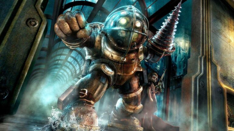 Cover of the first &quot;Bioshock&quot; game with the Big Daddy and Little Sister