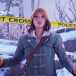 Max Caulfield standing, arms outstretched, on a snowy mountainside in front of some yellow police tape in Life is Strange: Double Exposure