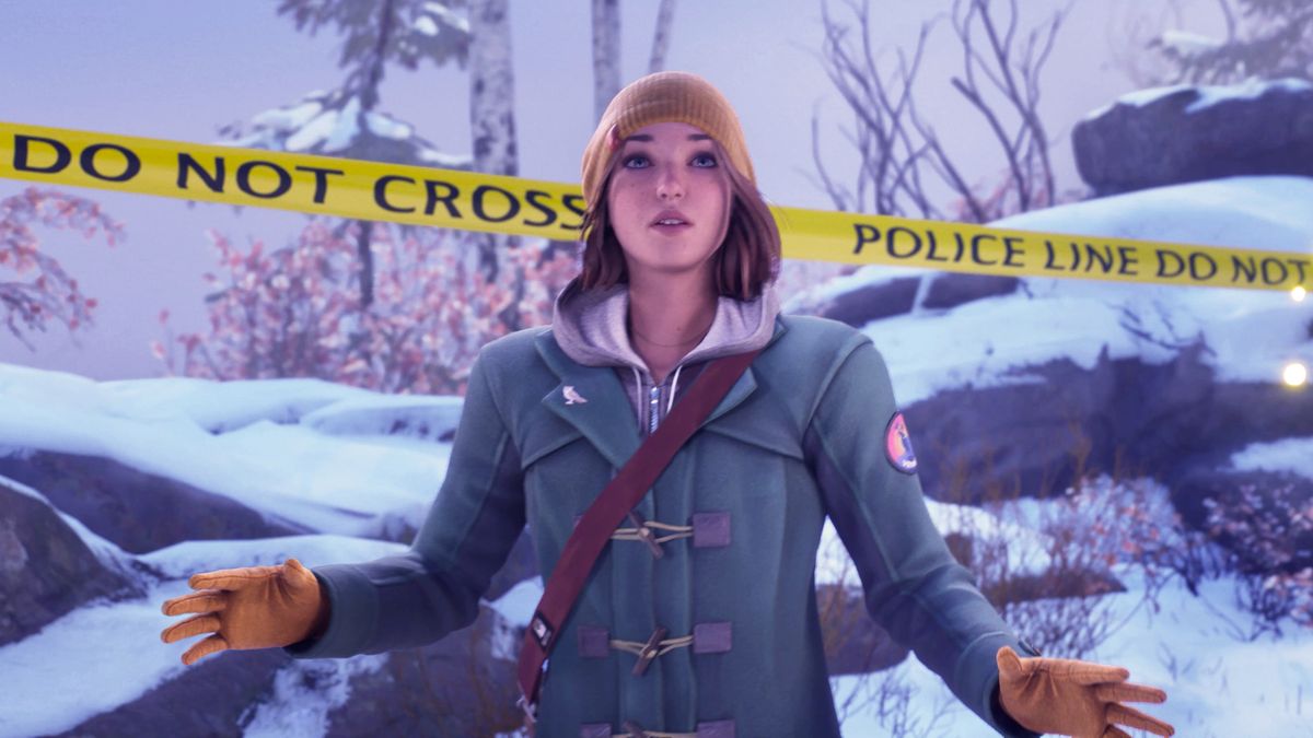 Max Caulfield standing, arms outstretched, on a snowy mountainside in front of some yellow police tape in Life is Strange: Double Exposure